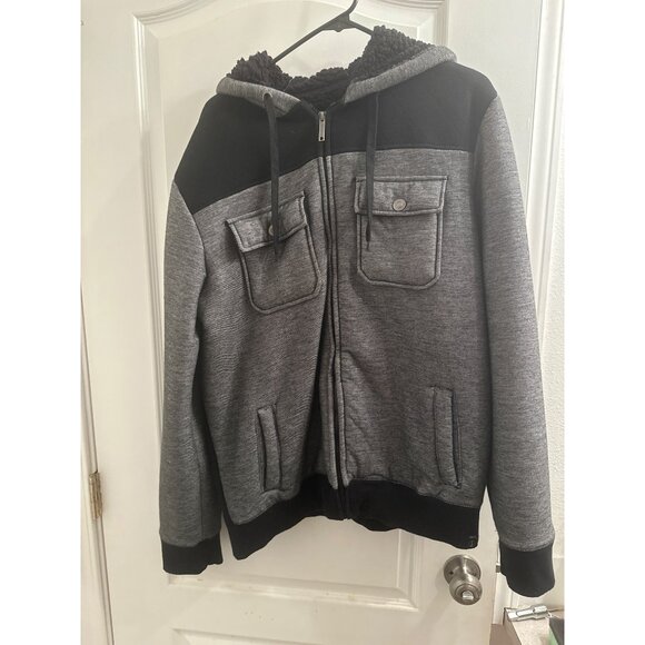 Surplus Mens XL Hooded Jacket Cotton/Polyester Blend Black/Grey Sherpa Lined Ful - Picture 1 of 6